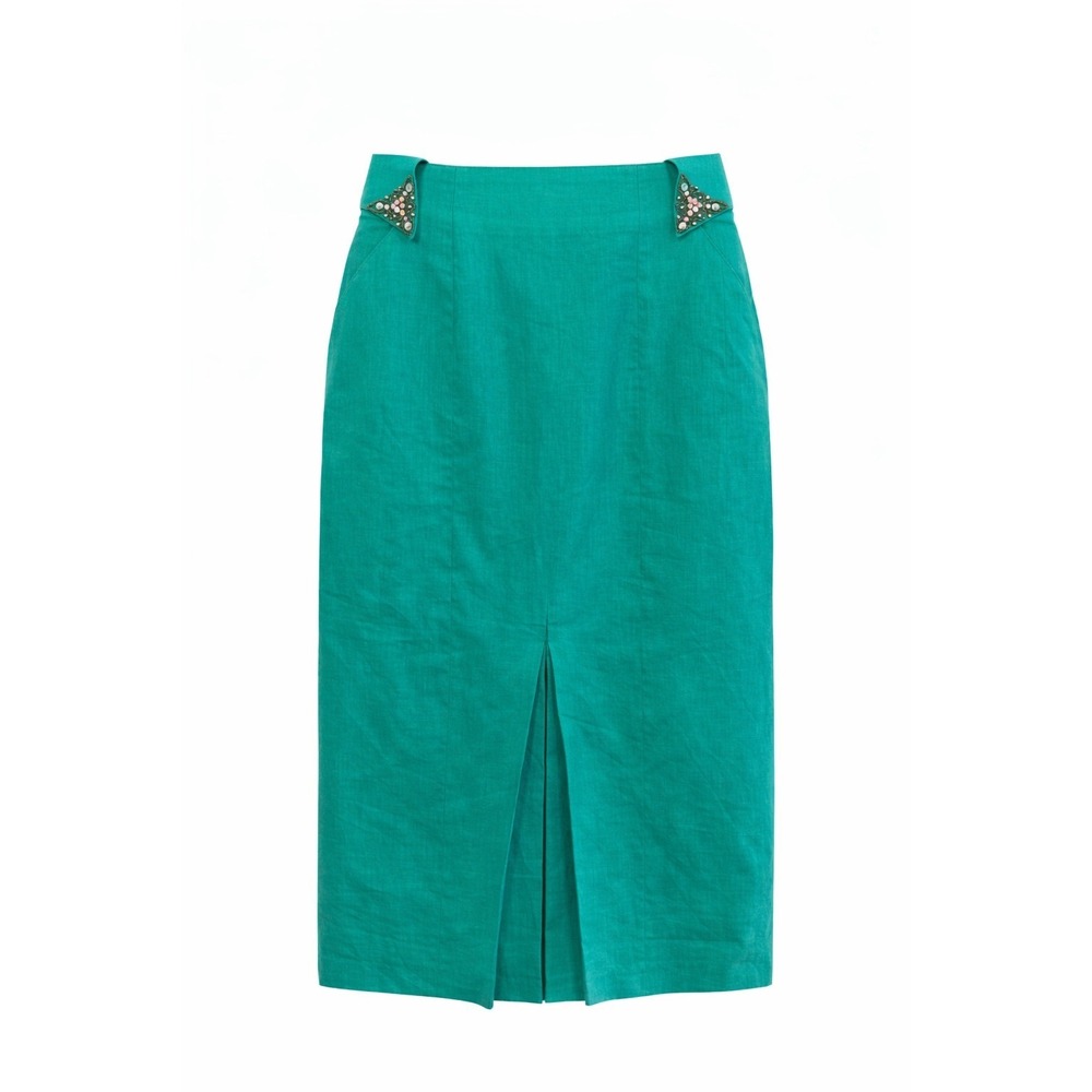 Joseph Ho Womens Green Ramie Cotton Pencil Skirt Beaded Size 6 Knee Vintage